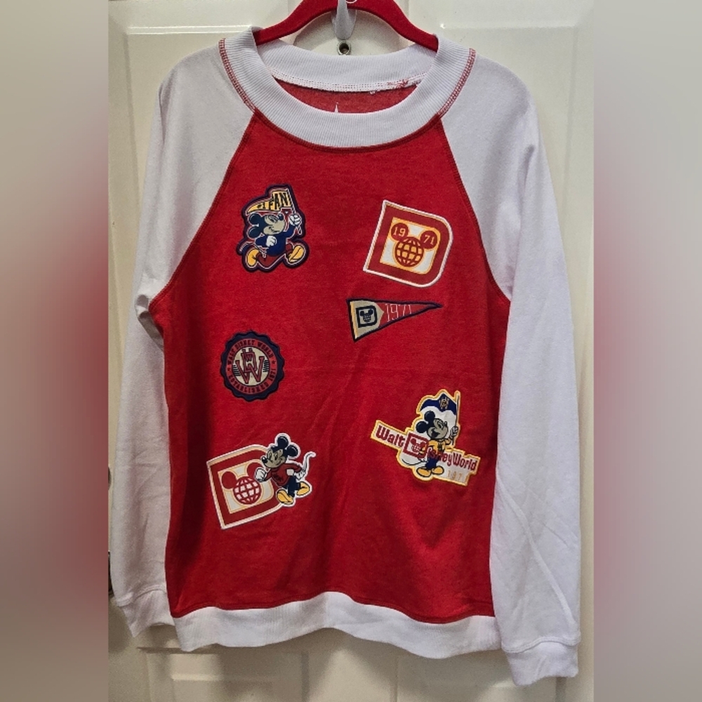 Disney Red and White Long Sleeve Adult Tee W/ Patchwork-size XL-NWOT